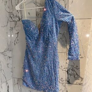 Blue Sequin One-Shoulder Dress